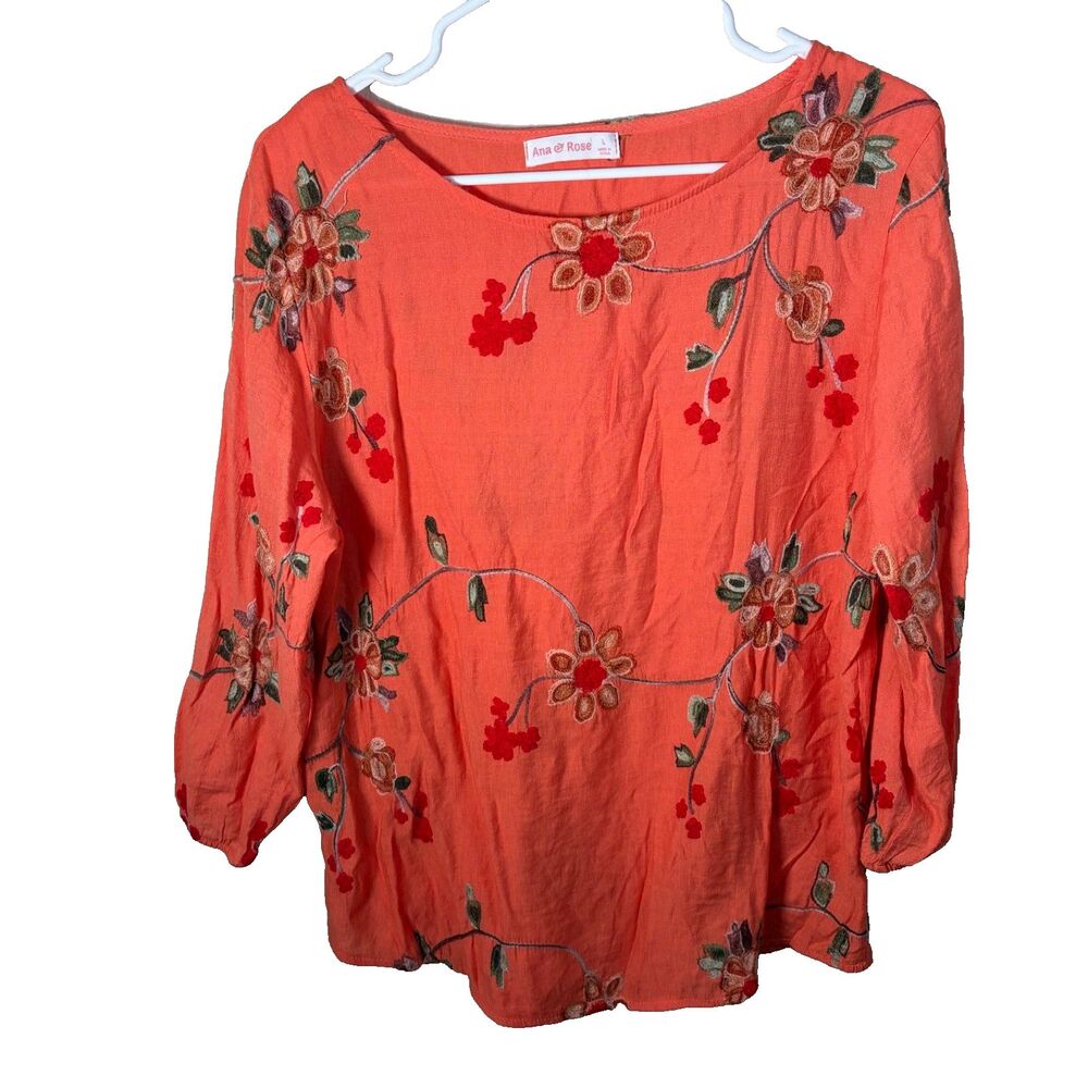 Ana & Rose Blouse Women's Large Round Neck 3/4 Sleeve Embroidered Top Shirt